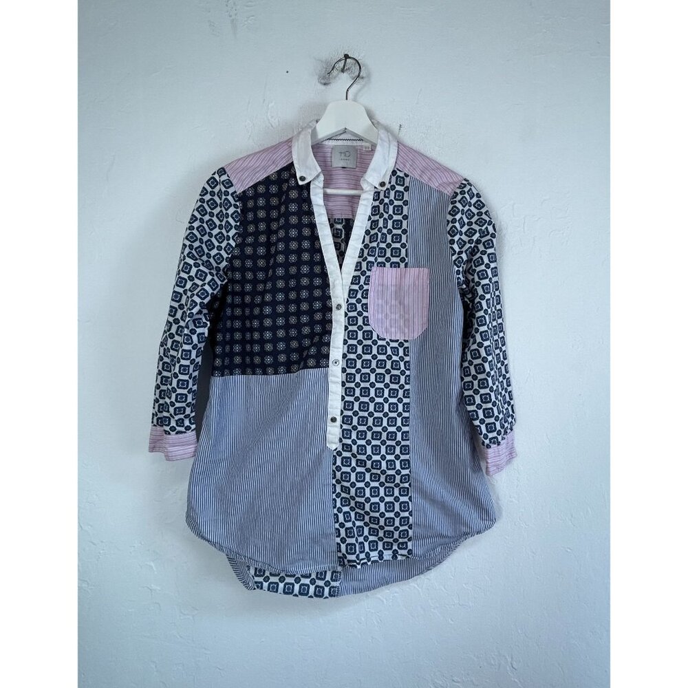 HD In Paris Womens Patchwork Shirt Size 4 Blue Pink Cotton Long Sleeve Button-Up